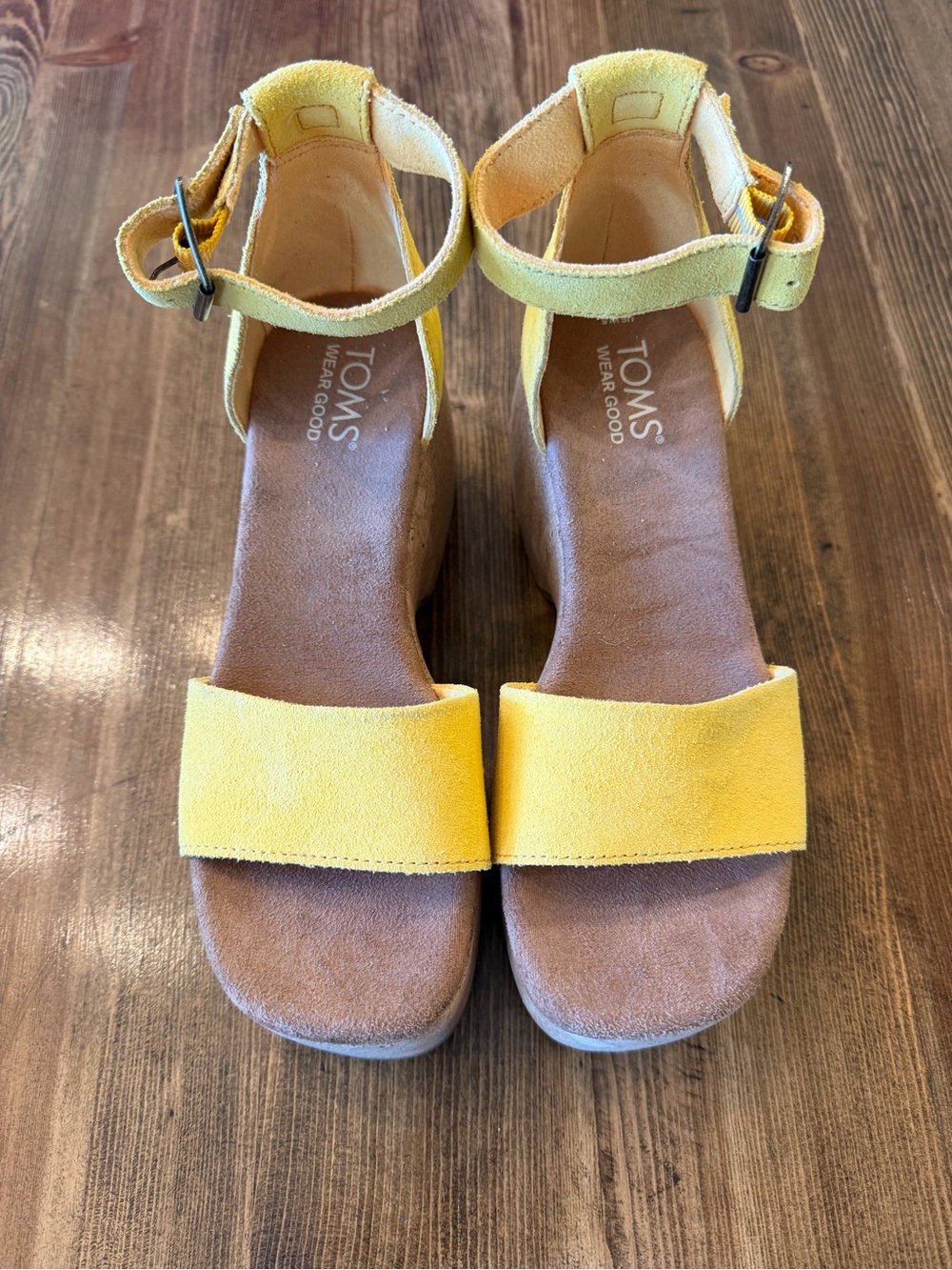 TOMS Yellow Suede Open-Toe Ankle-Strap Wedges